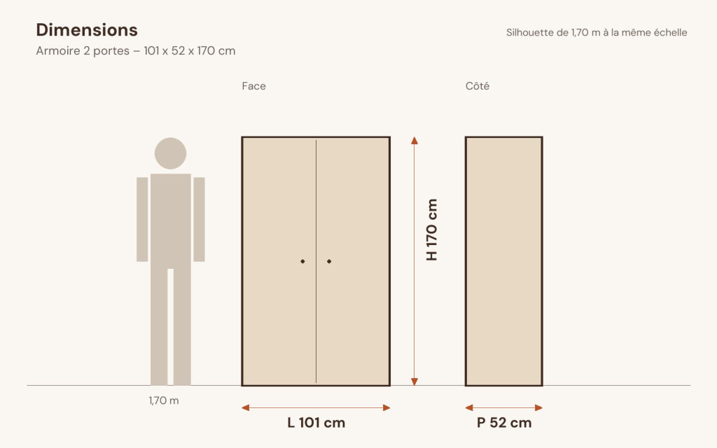 Schéma des dimensions – Armoire 2 portes 101 x 52 x 170 cm blanc pin massif