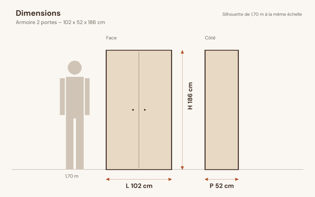 Schéma des dimensions – Armoire 2 portes 102 x 52 x 186 cm pin massif
