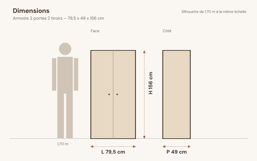 Schéma des dimensions – Armoire 2 portes 2 tiroirs 79,5 x 49 x 156 cm bois d’ingénierie