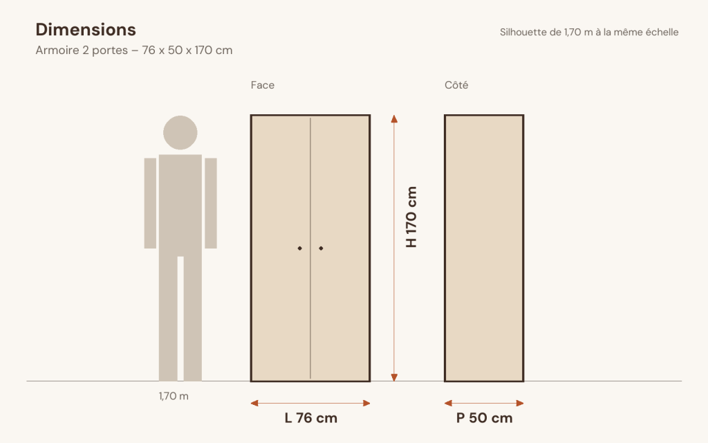 Schéma des dimensions – Armoire 2 portes 76 x 50 x 170 cm pin massif