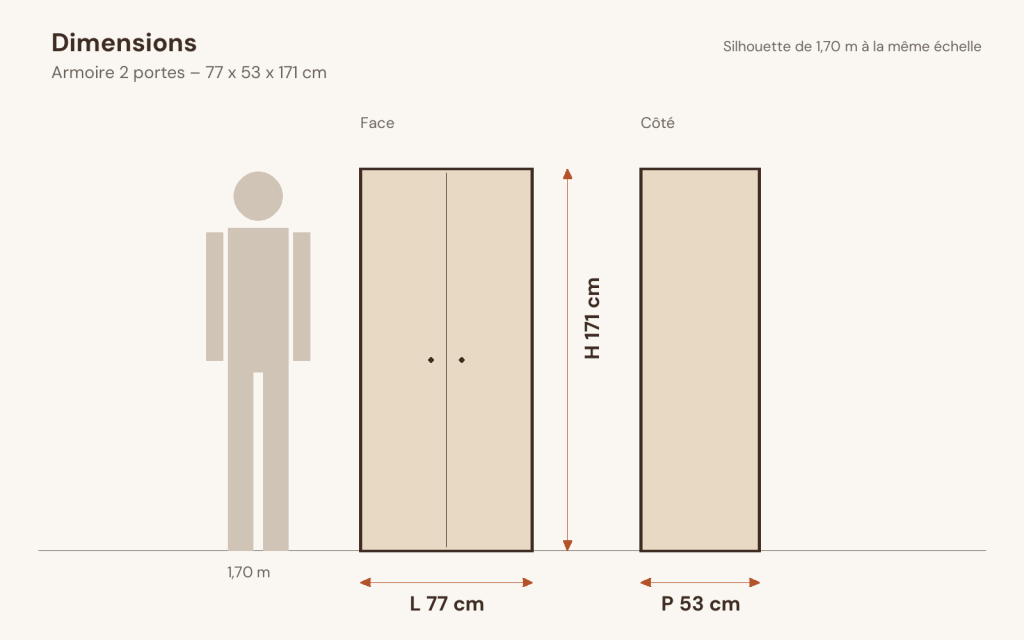 Schéma des dimensions – Armoire 2 portes 77 x 53 x 171 cm pin massif