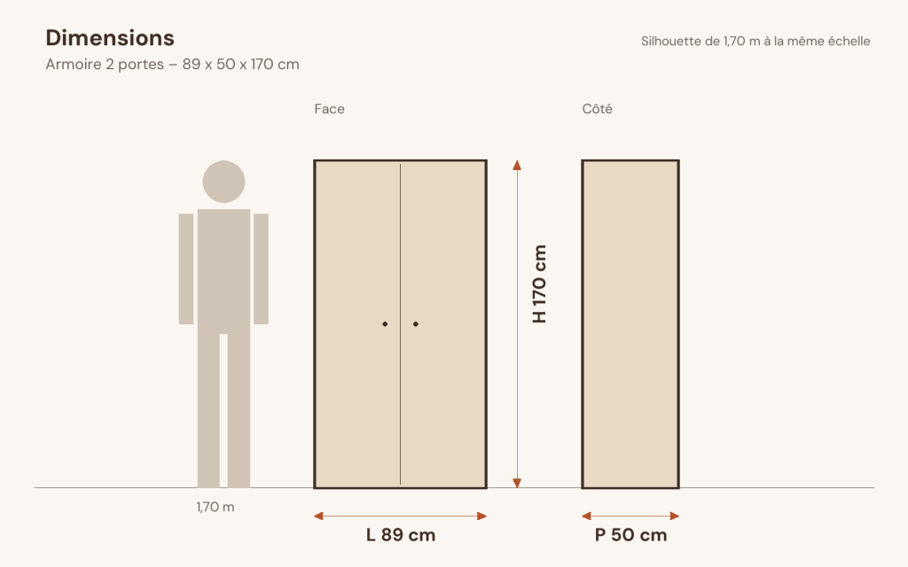 Schéma des dimensions – Armoire 2 portes 89 x 50 x 170 cm pin massif