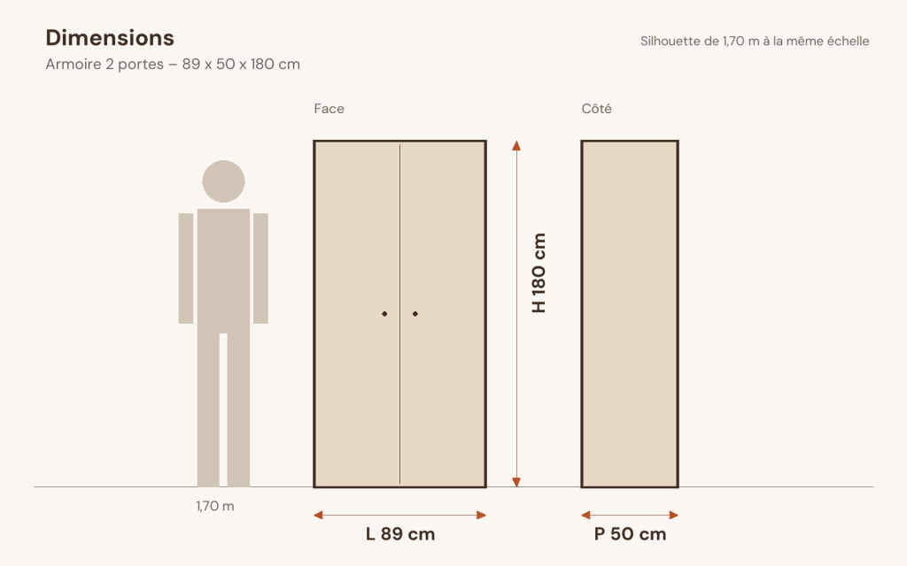 Schéma des dimensions – Armoire 2 portes 89 x 50 x 180 cm pin massif