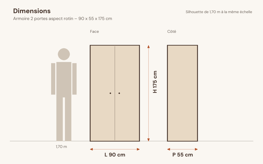 Schéma des dimensions – Armoire 2 portes aspect rotin 90 x 55 x 175 cm pin massif