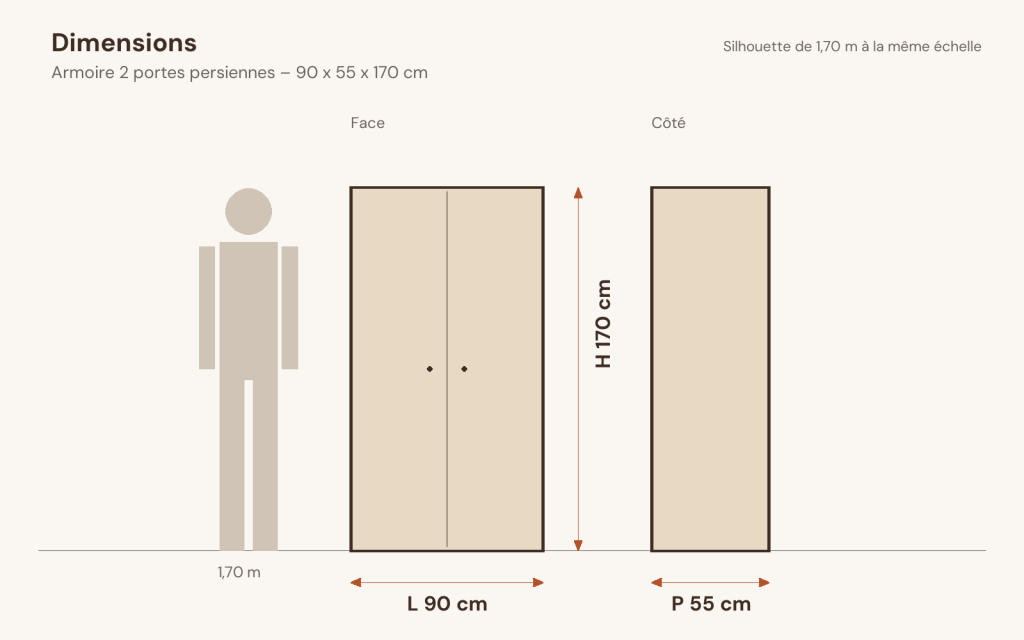 Schéma des dimensions – Armoire 2 portes persiennes 90 x 55 x 170 cm pin massif