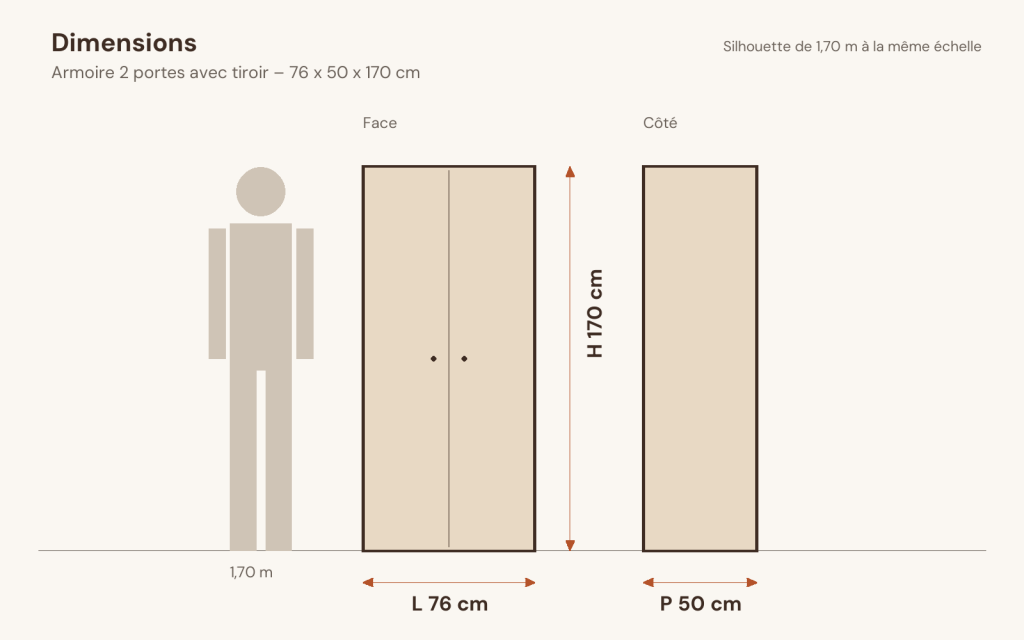 Schéma des dimensions – Armoire 2 portes avec tiroir 76 x 50 x 170 cm pin massif