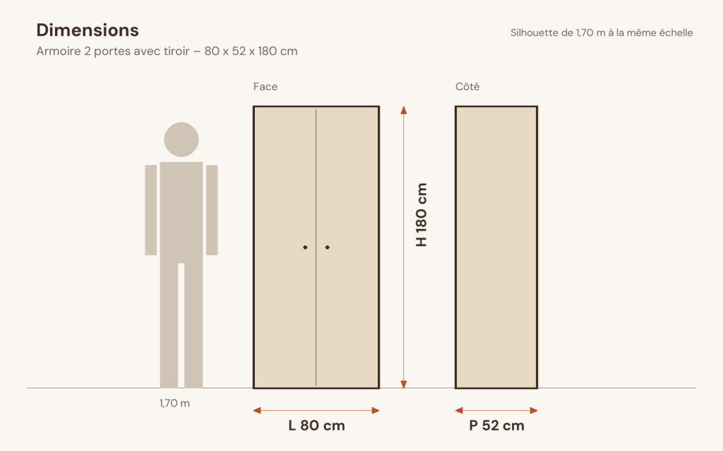 Schéma des dimensions – Armoire 2 portes avec tiroir 80 x 52 x 180 cm bois d’ingénierie