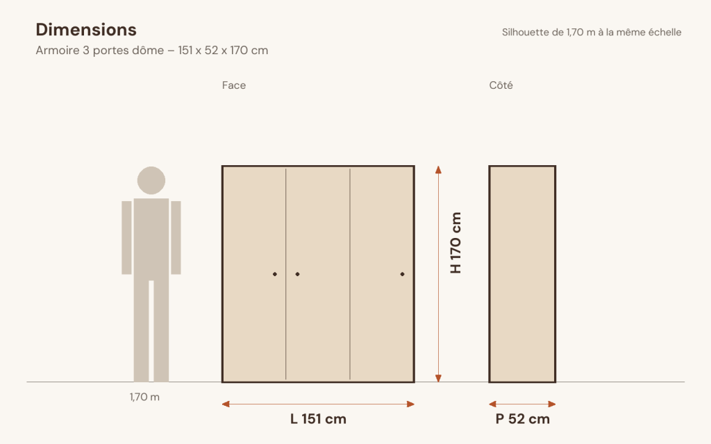 Schéma des dimensions – Armoire 3 portes dôme 151 x 52 x 170 cm pin massif