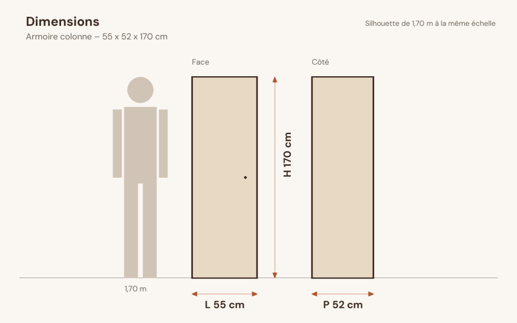Schéma des dimensions – Armoire colonne 55 x 52 x 170 cm pin massif