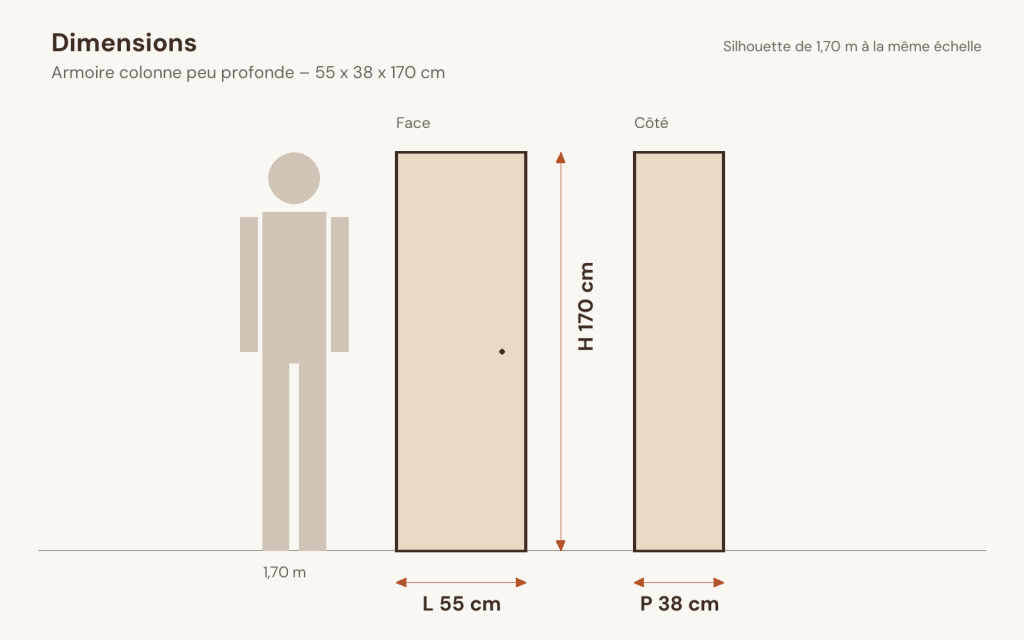 Schéma des dimensions – Armoire colonne peu profonde 55 x 38 x 170 cm pin massif