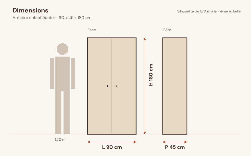 Schéma des dimensions – Armoire enfant haute 90 x 45 x 180 cm gris et blanc bois d’ingénierie