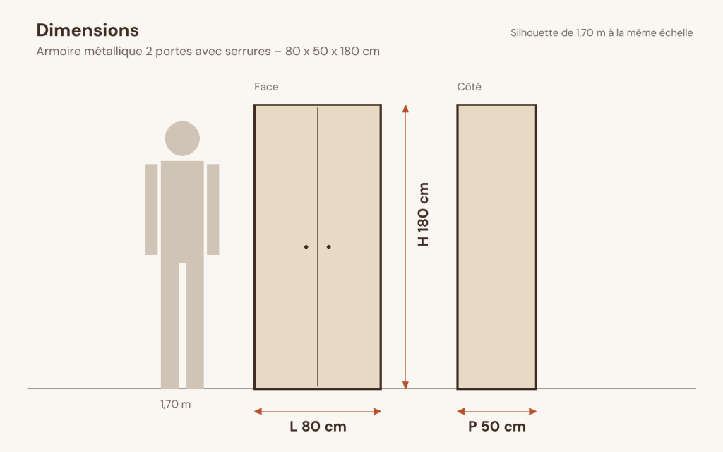 Schéma des dimensions – Armoire métallique 2 portes avec serrures 80 x 50 x 180 cm acier