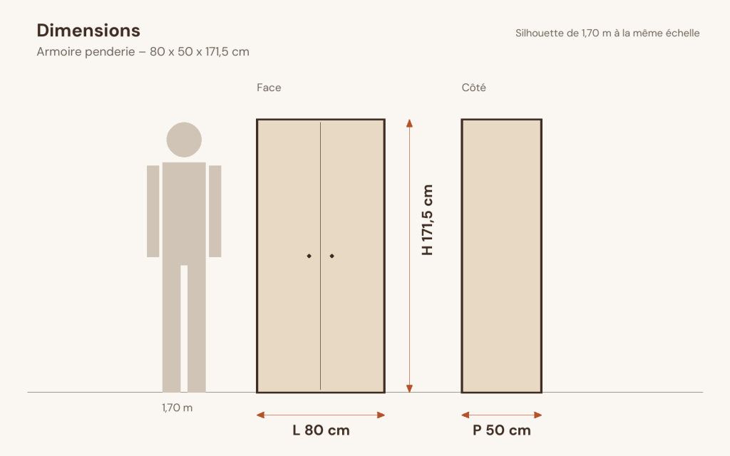 Schéma des dimensions – Armoire penderie 80 x 50 x 171,5 cm pin massif
