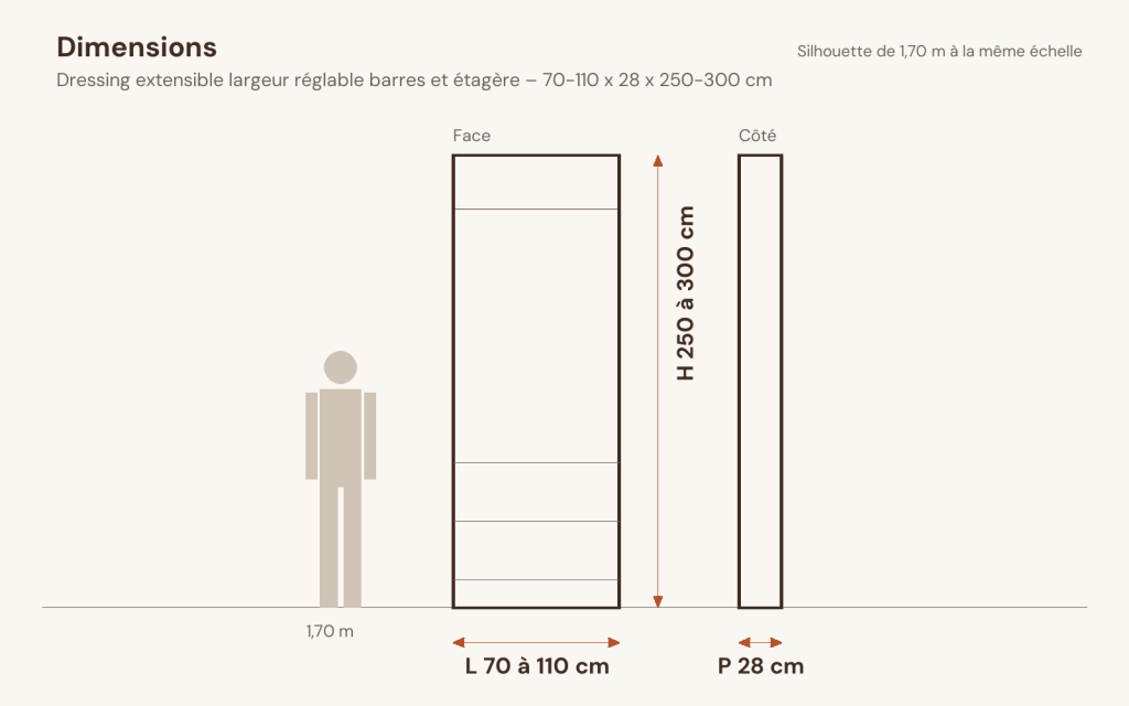 Schéma des dimensions – Dressing extensible largeur réglable barres et étagère 70-110 x 28 x 250-300 cm argent aluminium