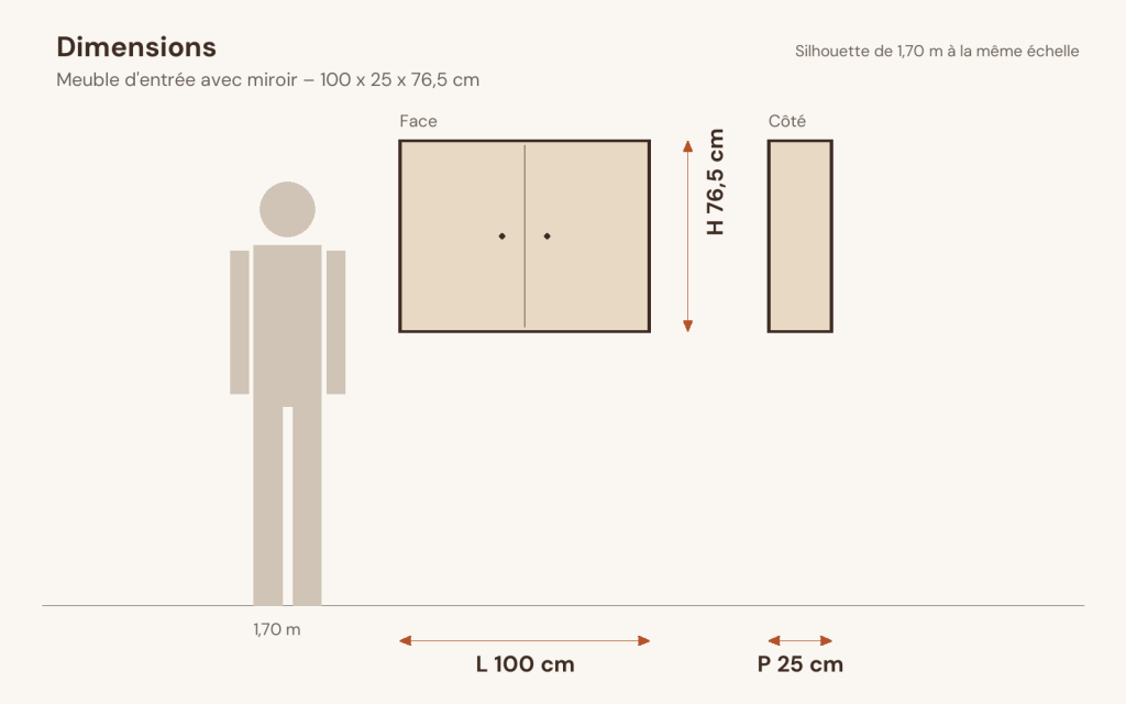 Schéma des dimensions – Meuble d’entrée avec miroir 100 x 25 x 76,5 cm gris béton aggloméré